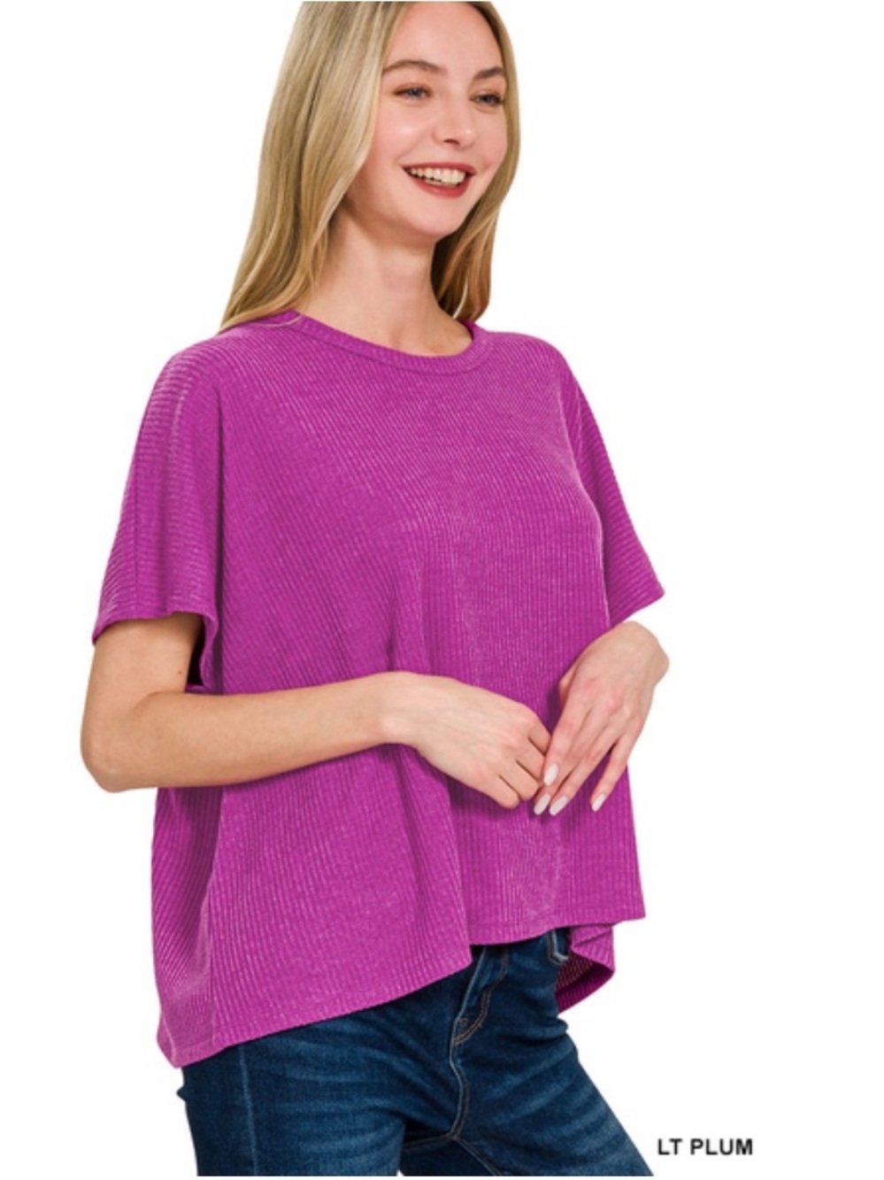 Zenana Outfitters Light Plum Ribbed Short Sleeve Top